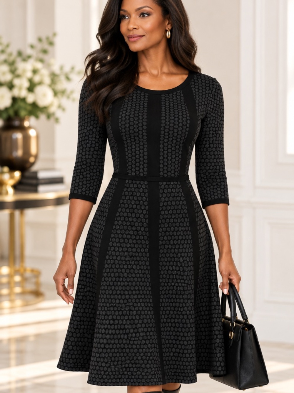 Gabby Skye Black Gray Textured Fit & Flare Knit Dress Size S